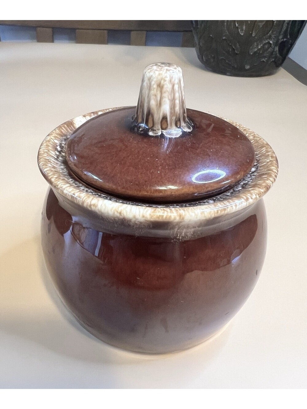 Hull Pottery Vintage Brown Drip Sugar or Bean Bowl w/ Lid Stoneware USA